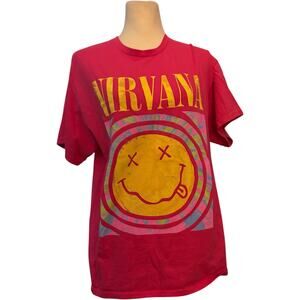 Nirvana Acid Wash Smiley Face Graphic Short Sleeve Band Tee, Pink, Size Large